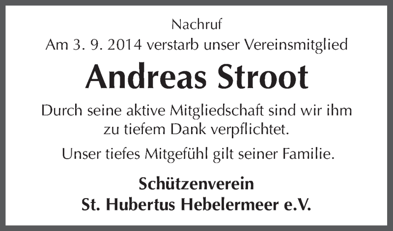  Traueranzeige für Andreas Stroot vom 08.09.2014 aus Neue Osnabrücker Zeitung GmbH & Co. KG