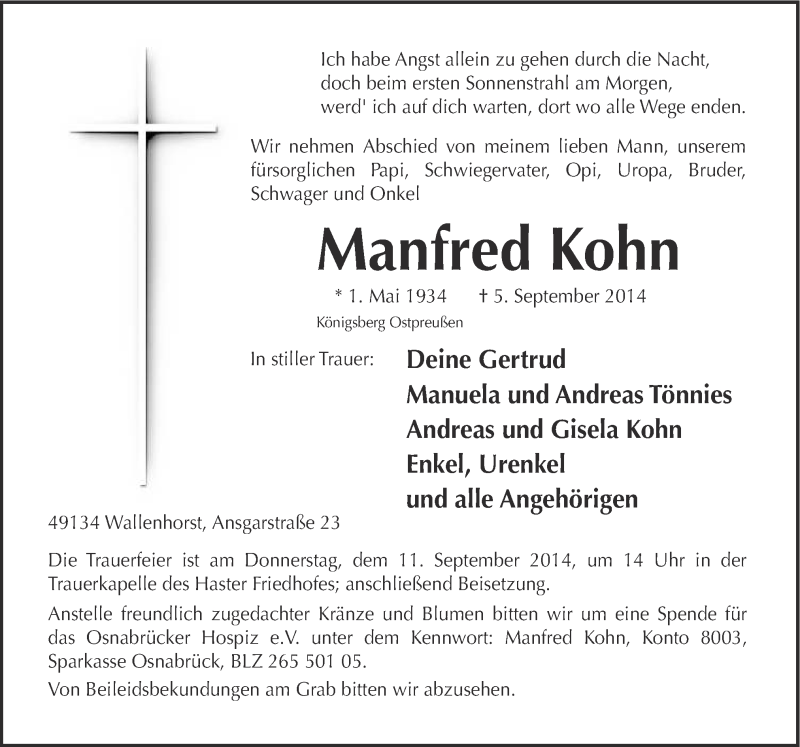  Traueranzeige für Manfred Kohn vom 08.09.2014 aus Neue Osnabrücker Zeitung GmbH & Co. KG