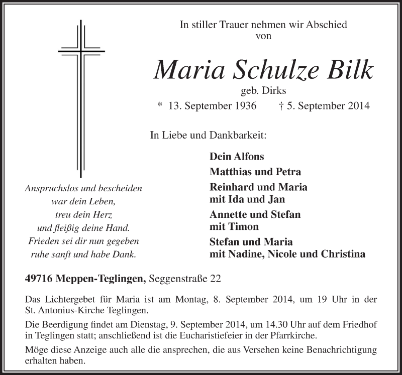  Traueranzeige für Maria Schulze Bilk vom 08.09.2014 aus Neue Osnabrücker Zeitung GmbH & Co. KG