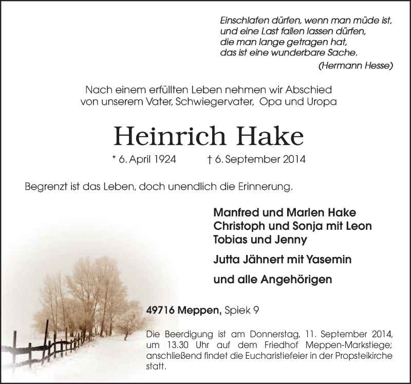  Traueranzeige für Heinrich Hake vom 08.09.2014 aus Neue Osnabrücker Zeitung GmbH & Co. KG