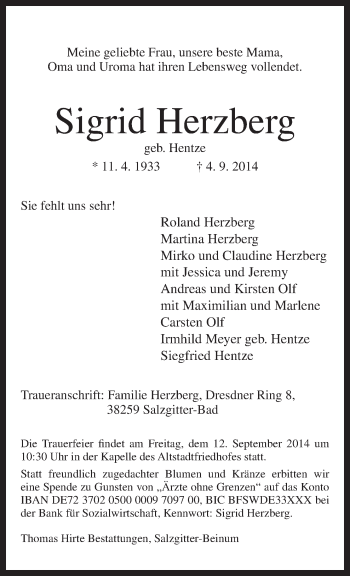 Traueranzeige von Sigird Herzberg von Neue Osnabrücker Zeitung GmbH & Co. KG