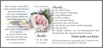 Traueranzeige von Johann Stubbe von Neue Osnabrücker Zeitung GmbH & Co. KG