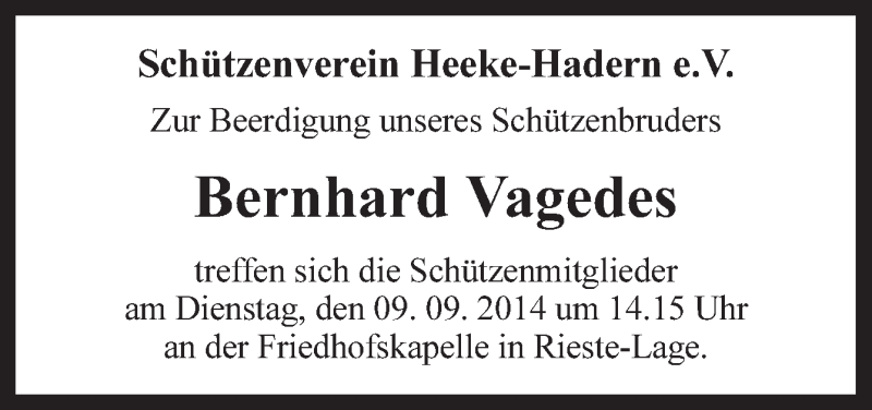  Traueranzeige für Bernhard Vagedes vom 09.09.2014 aus Neue Osnabrücker Zeitung GmbH & Co. KG