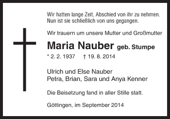 Traueranzeige von Maria Nauber von Neue Osnabrücker Zeitung GmbH & Co. KG