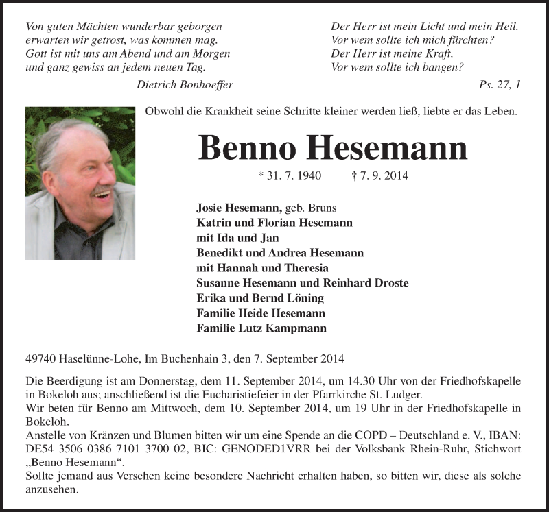  Traueranzeige für Benno Hesemann vom 09.09.2014 aus Neue Osnabrücker Zeitung GmbH & Co. KG