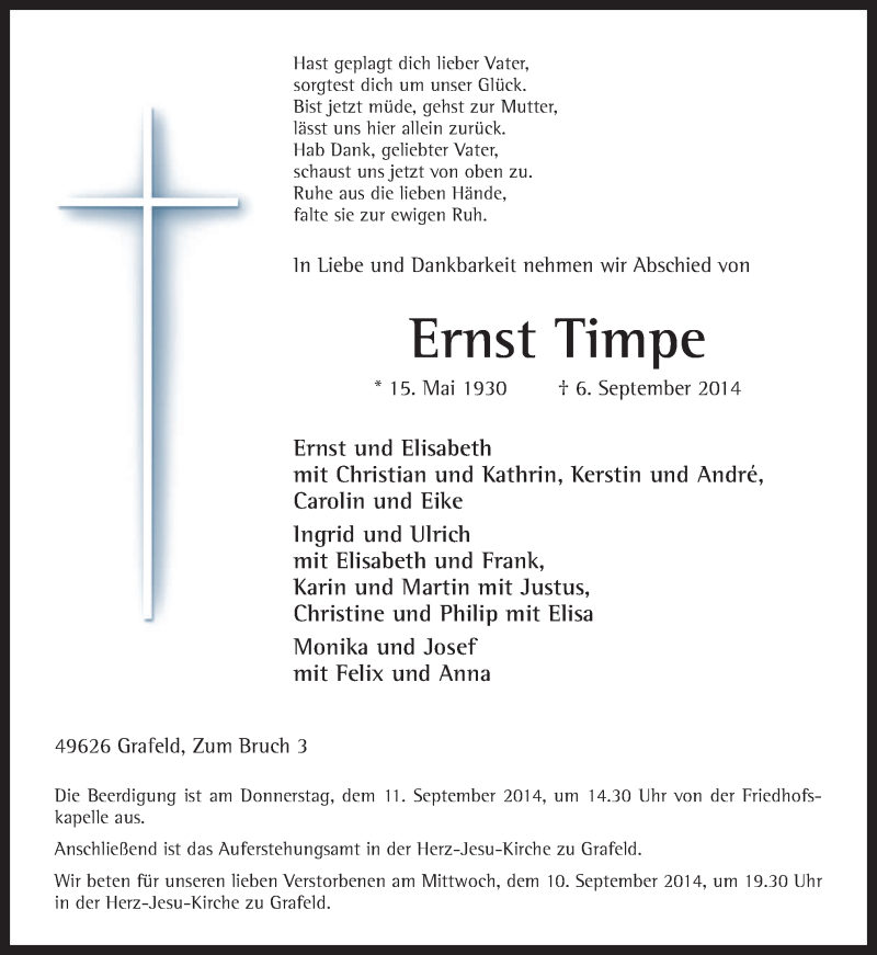  Traueranzeige für Ernst Timpe vom 09.09.2014 aus Neue Osnabrücker Zeitung GmbH & Co. KG