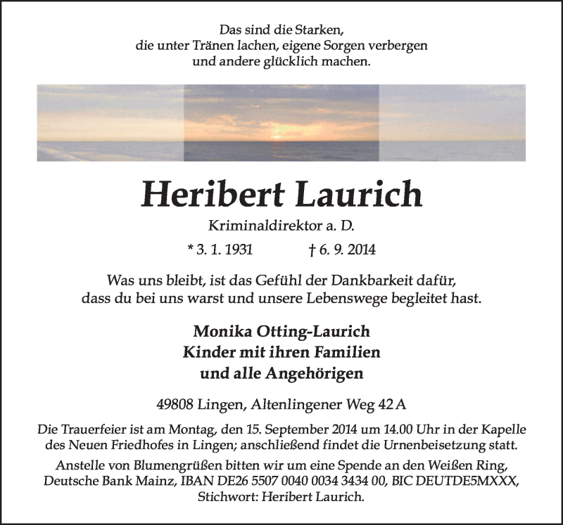  Traueranzeige für Heribert Laurich vom 12.09.2014 aus Neue Osnabrücker Zeitung GmbH & Co. KG