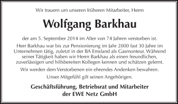 Traueranzeige von Wolfgang Barkhau von Neue Osnabrücker Zeitung GmbH & Co. KG