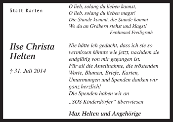 Traueranzeige von Ilse Christa Helten von Neue Osnabrücker Zeitung GmbH & Co. KG