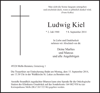 Traueranzeige von Ludwig Kiel von Neue Osnabrücker Zeitung GmbH & Co. KG