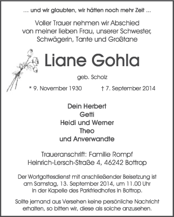 Traueranzeige von Liane Gohla von Neue Osnabrücker Zeitung GmbH & Co. KG