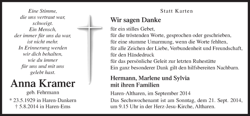  Traueranzeige für Anna Kramer vom 17.09.2014 aus Neue Osnabrücker Zeitung GmbH & Co. KG