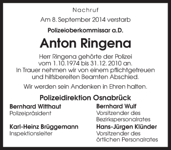 Traueranzeige von Anton Ringena von Neue Osnabrücker Zeitung GmbH & Co. KG