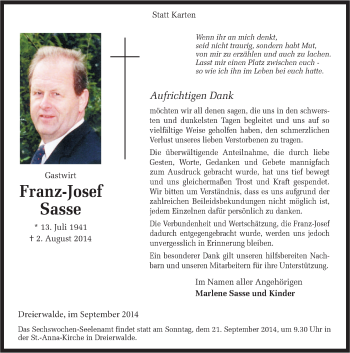 Traueranzeige von Franz-Josef Sasse von Neue Osnabrücker Zeitung GmbH & Co. KG