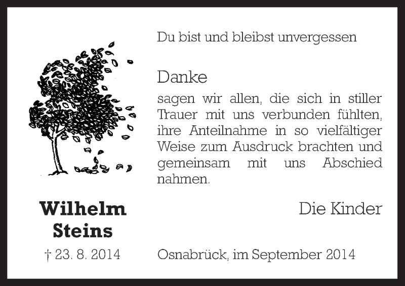  Traueranzeige für Wilhelm Steins vom 13.09.2014 aus Neue Osnabrücker Zeitung GmbH & Co. KG