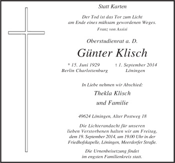 Traueranzeige von Günter Klisch von Neue Osnabrücker Zeitung GmbH & Co. KG