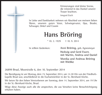 Traueranzeige von Hans Bröring von Neue Osnabrücker Zeitung GmbH & Co. KG