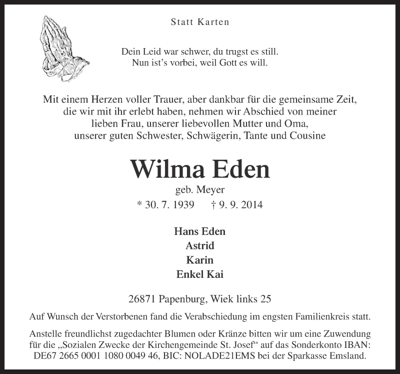  Traueranzeige für Wilma Eden vom 13.09.2014 aus Neue Osnabrücker Zeitung GmbH & Co. KG