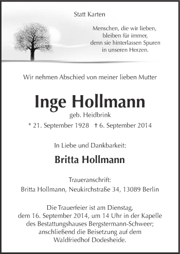 Traueranzeige von Inge Holmann von Neue Osnabrücker Zeitung GmbH & Co. KG