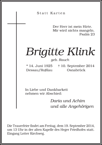 Traueranzeige von Brigitte Klink von Neue Osnabrücker Zeitung GmbH & Co. KG