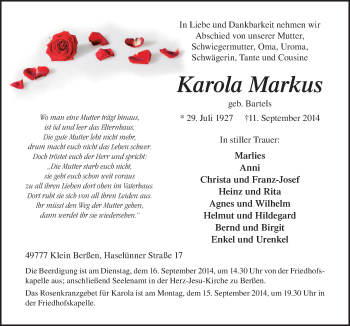 Traueranzeige von Karola Markus von Neue Osnabrücker Zeitung GmbH & Co. KG