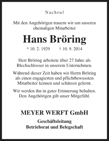 Traueranzeige von Hans Bröring von Neue Osnabrücker Zeitung GmbH & Co. KG