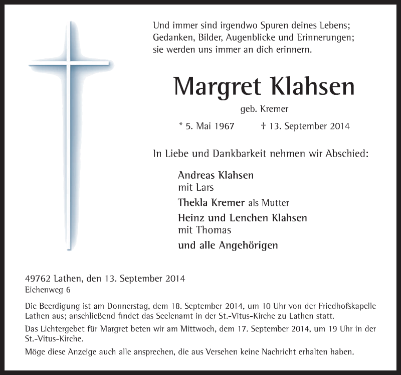  Traueranzeige für Margret Klahsen vom 15.09.2014 aus Neue Osnabrücker Zeitung GmbH & Co. KG