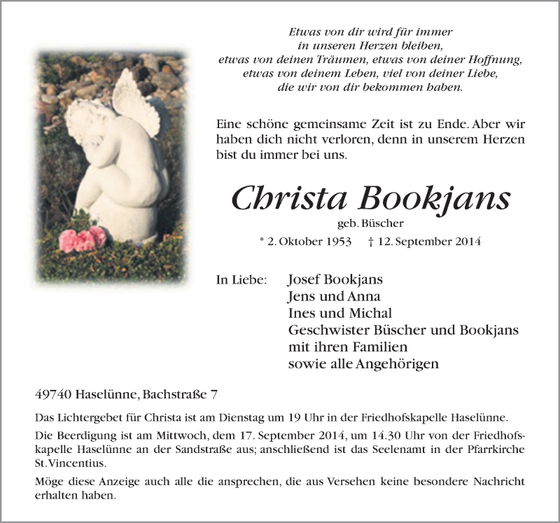  Traueranzeige für Christa Bookjans vom 15.09.2014 aus Neue Osnabrücker Zeitung GmbH & Co. KG