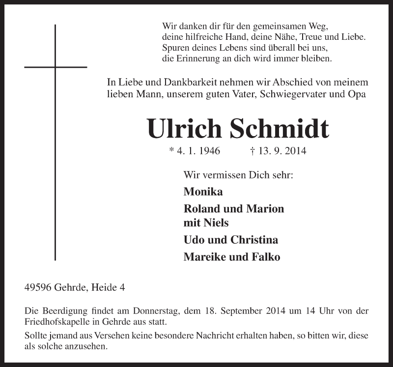 Traueranzeigen von Ulrich Schmidt | noz Trauerportal