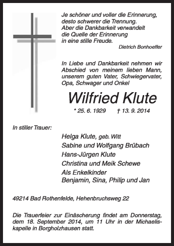 Traueranzeige von Wilfried Klute von Neue Osnabrücker Zeitung GmbH & Co. KG