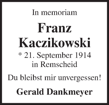 Traueranzeige von Franz Kaczikowski von Neue Osnabrücker Zeitung GmbH & Co. KG