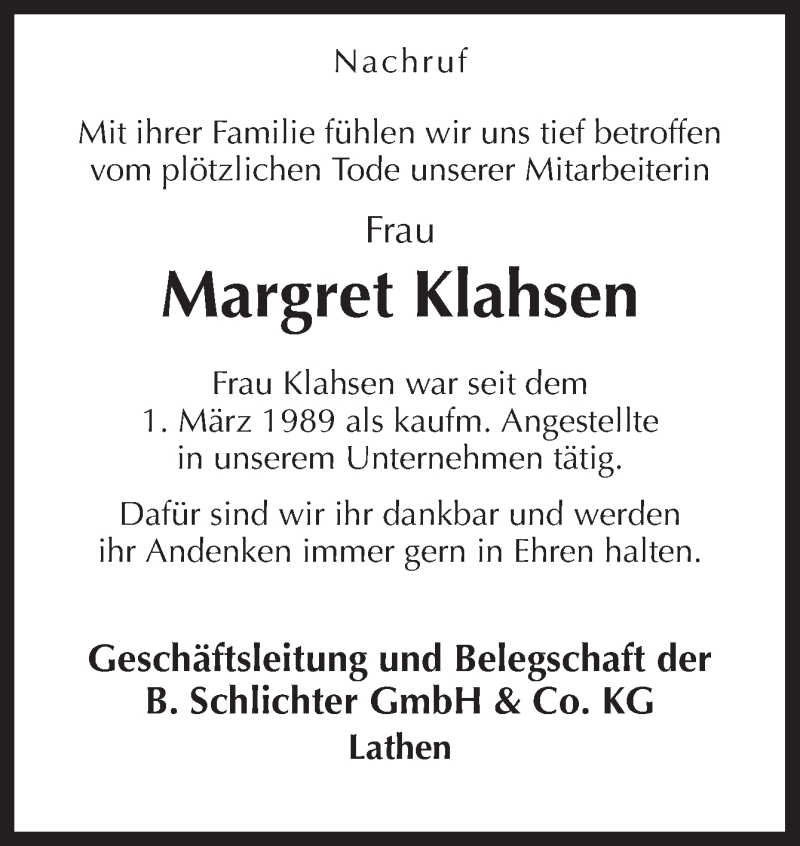  Traueranzeige für Margret Klahsen vom 18.09.2014 aus Neue Osnabrücker Zeitung GmbH & Co. KG