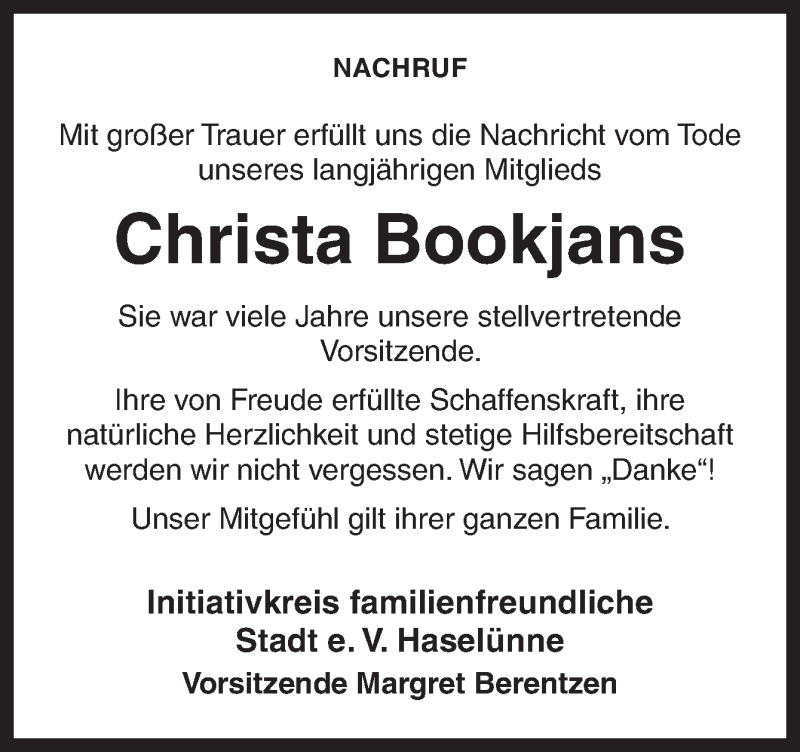  Traueranzeige für Christa Bookjans vom 17.09.2014 aus Neue Osnabrücker Zeitung GmbH & Co. KG