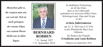 Traueranzeige von Bernhard Robben von Neue Osnabrücker Zeitung GmbH & Co. KG