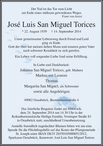 Traueranzeige von José Luis San Miguel Torices von Neue Osnabrücker Zeitung GmbH & Co. KG
