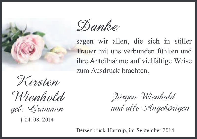  Traueranzeige für Kirsten Wienhold vom 20.09.2014 aus Neue Osnabrücker Zeitung GmbH & Co. KG