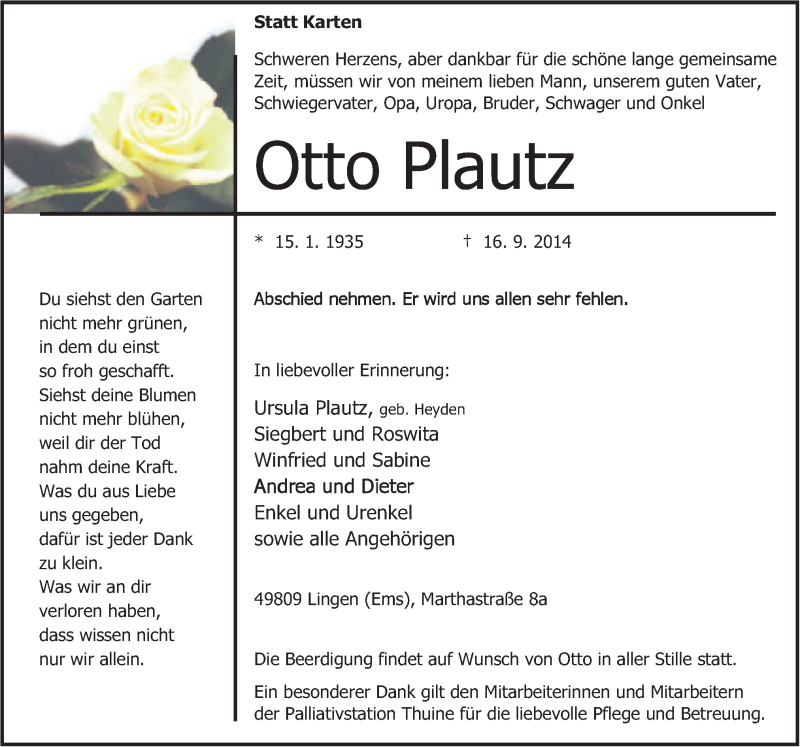  Traueranzeige für Otto Plautz vom 19.09.2014 aus Neue Osnabrücker Zeitung GmbH & Co. KG