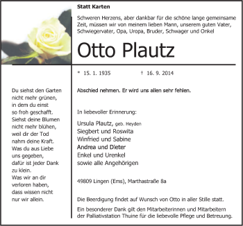 Traueranzeige von Otto Plautz von Neue Osnabrücker Zeitung GmbH & Co. KG