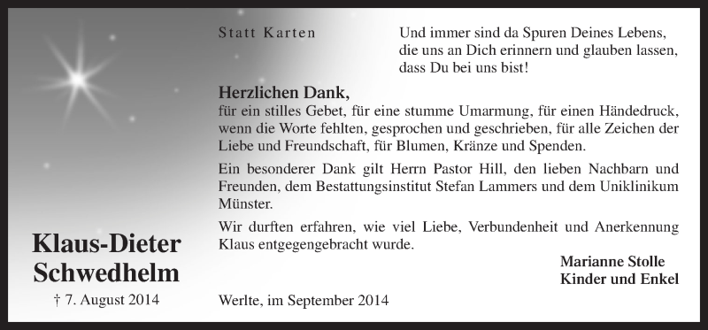  Traueranzeige für Klaus-Dieter Schwedhelm vom 20.09.2014 aus Neue Osnabrücker Zeitung GmbH & Co. KG