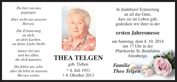 Traueranzeige von Thea Telgen von Neue Osnabrücker Zeitung GmbH & Co. KG