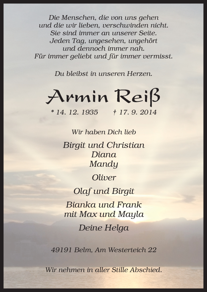  Traueranzeige für Armin Reiß vom 20.09.2014 aus Neue Osnabrücker Zeitung GmbH & Co. KG
