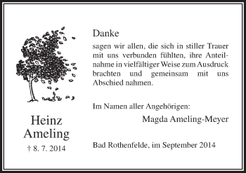 Traueranzeige von Heinz Ameling von Neue Osnabrücker Zeitung GmbH & Co. KG