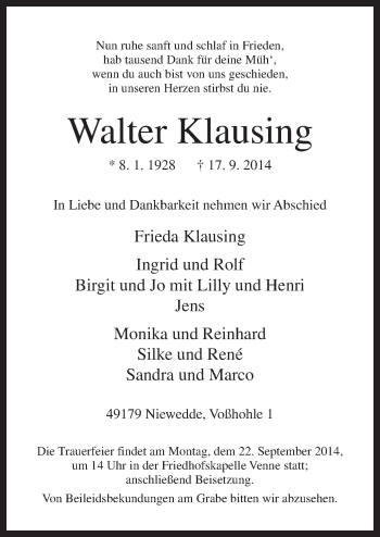 Traueranzeige von Walter Klausing von Neue Osnabrücker Zeitung GmbH & Co. KG