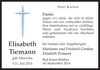 Traueranzeige von Elisabeth Tiemann von Neue Osnabrücker Zeitung GmbH & Co. KG