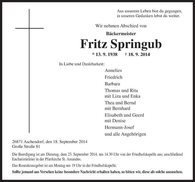  Traueranzeige für Fritz Springub vom 20.09.2014 aus Neue Osnabrücker Zeitung GmbH & Co. KG