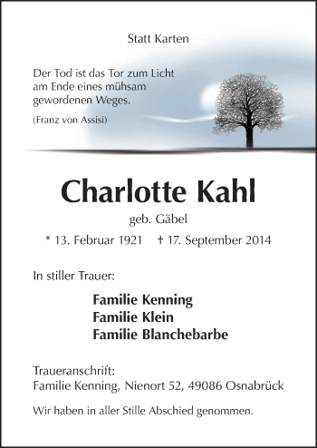 Traueranzeige von Charlotte Kahl von Neue Osnabrücker Zeitung GmbH & Co. KG