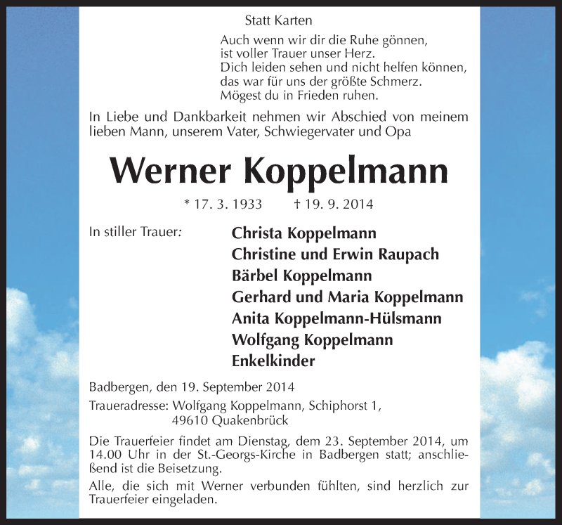  Traueranzeige für Werner Koppelmann vom 22.09.2014 aus Neue Osnabrücker Zeitung GmbH & Co. KG