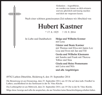 Traueranzeige von Hubert Kastner von Neue Osnabrücker Zeitung GmbH & Co. KG