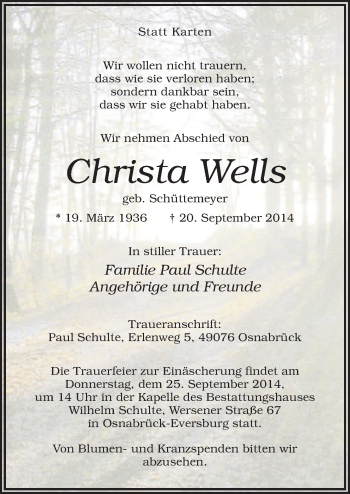 Traueranzeige von Christa Wells von Neue Osnabrücker Zeitung GmbH & Co. KG