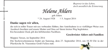 Traueranzeige von Helene Ahlers von Neue Osnabrücker Zeitung GmbH & Co. KG